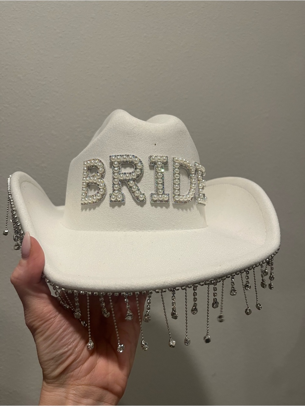 BRIDE White Rhinestone Cowboy Hat with Dangle Fringe